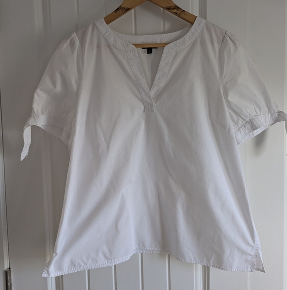 Talbots V-Neck Cotton Top | Puff Tie Sleeves & Tailored Back | Short Sleeve - Picture 1 of 5